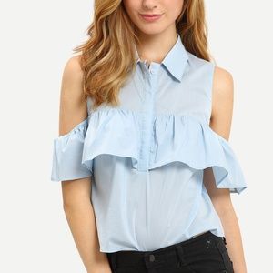 Cold Shoulder ruffle button down